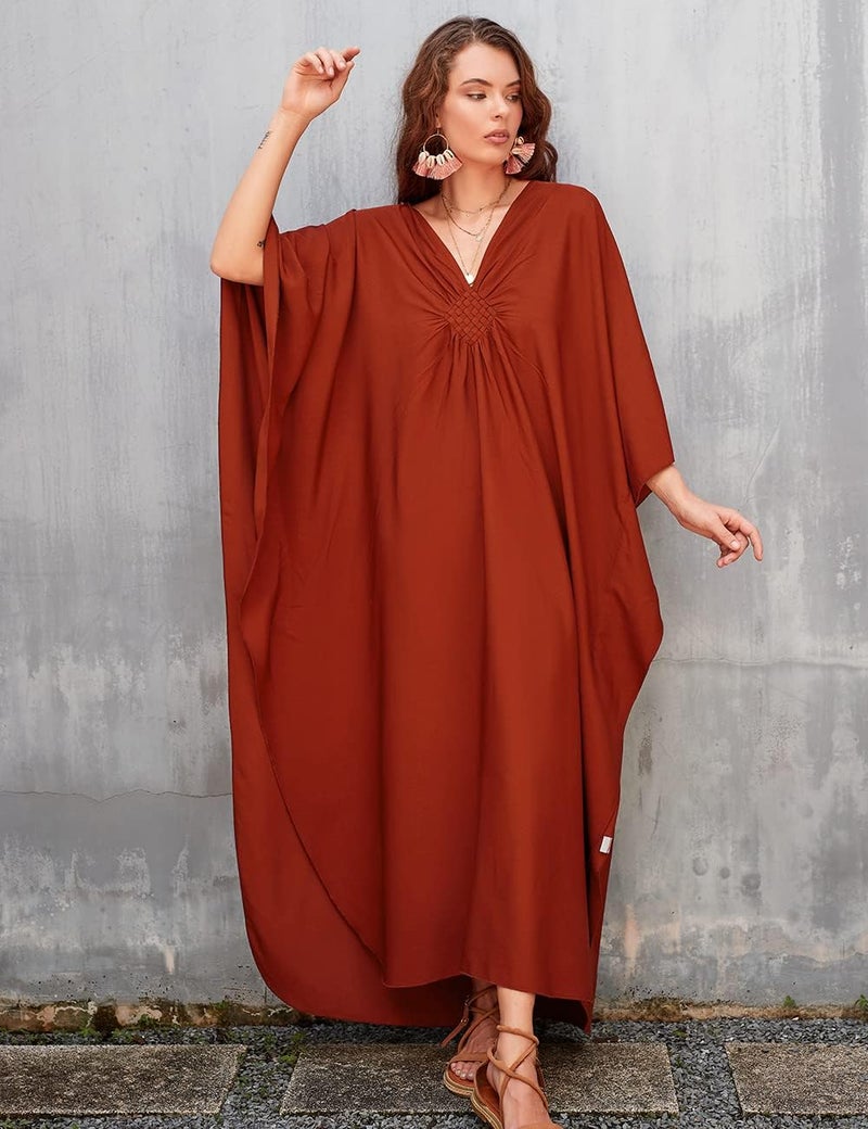 Bsubseach Women Solid Color Cover Up V Neck Batwing Sleeve Plus Size Beach Kaftan Dresses - Image 2